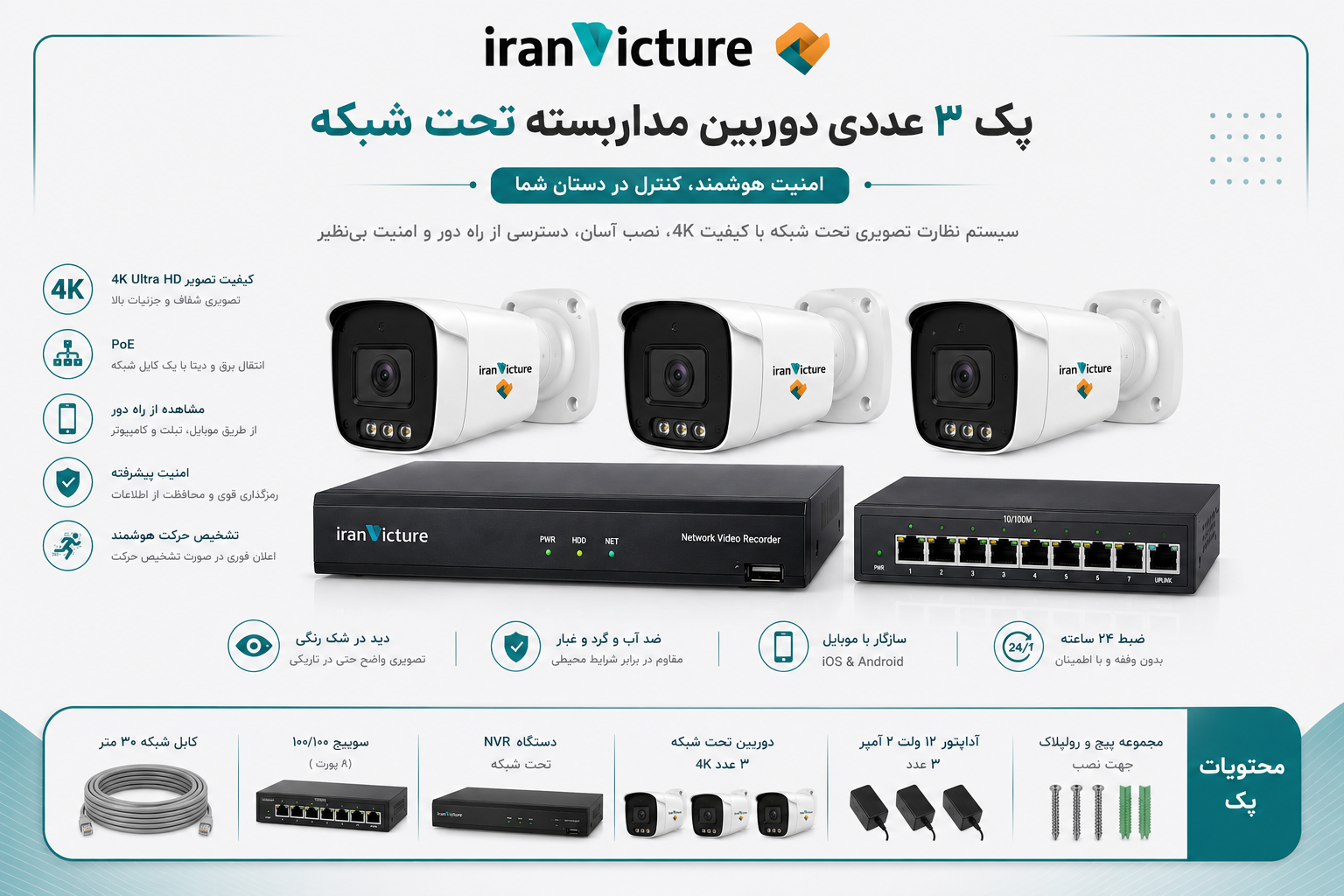 پک 3 عددی دوربین تحت شبکه دید در شب رنگی (5 مگ میکروفن دار) با هارد و وسایل کامل